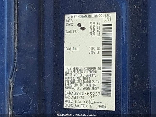 Nissan Maxima Sv Xtronic Cvt 2020 1N4AA6CV6LC365237 Image 9
