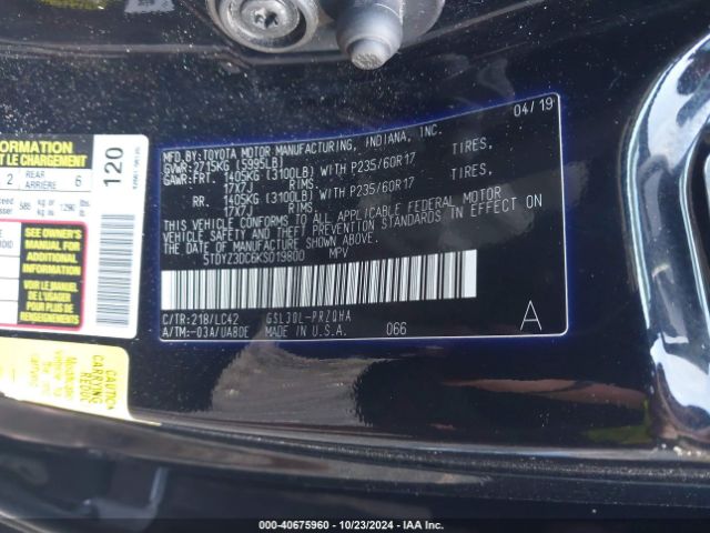 5TDYZ3DC6KS019800 Toyota Sienna Xle 8 Passenger