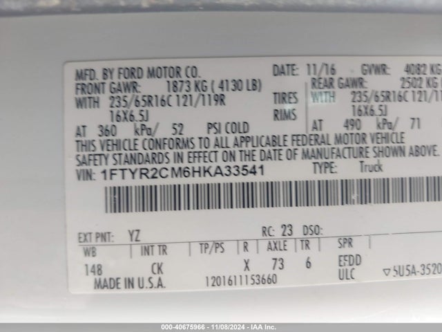 Ford Transit-250 2017 1FTYR2CM6HKA33541 Image 9