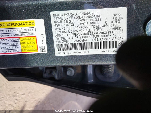 Honda Civic Sport 2022 2HGFE2F58NH589071 Image 9