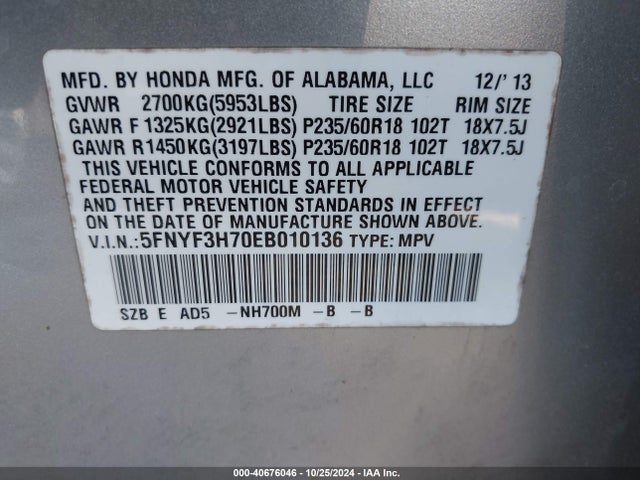 Honda Pilot Ex-l 2014 5FNYF3H70EB010136 Image 9
