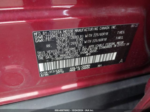 2T3B6RFV8NW037704 Toyota Rav4 Hybrid Xle Premium