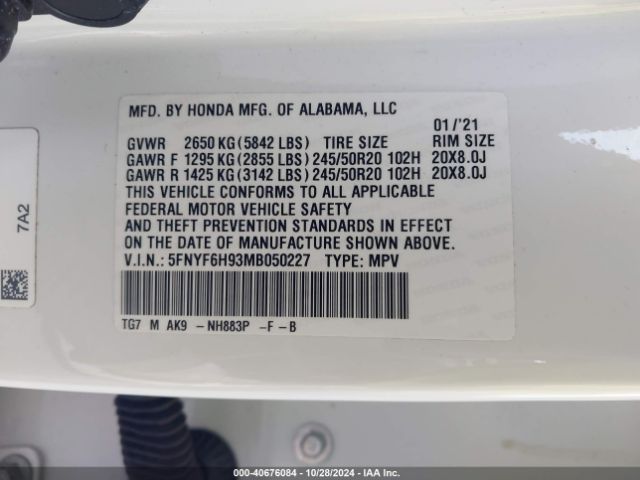 5FNYF6H93MB050227 Honda Pilot Awd Touring 8 Passenger
