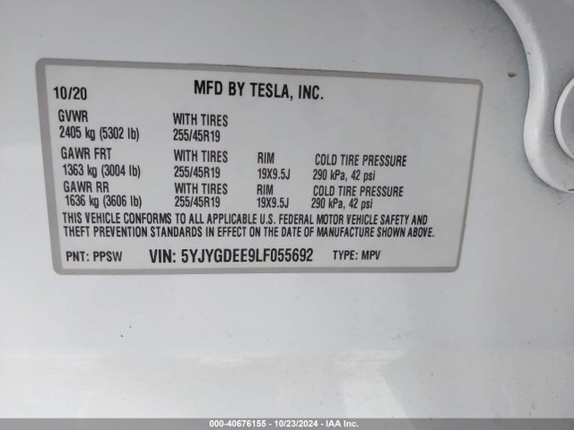 2020 TESLA MODEL Y 5YJYGDEE9LF055692 Photo 8