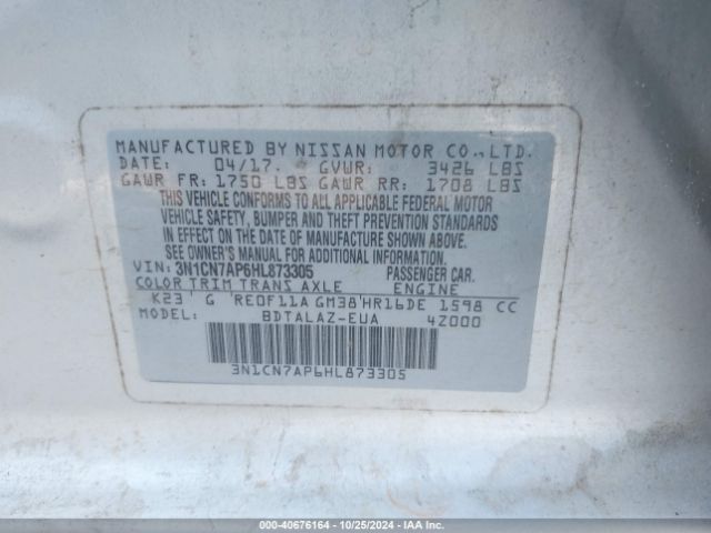 3N1CN7AP6HL873305 Nissan Versa 1.6 S+
