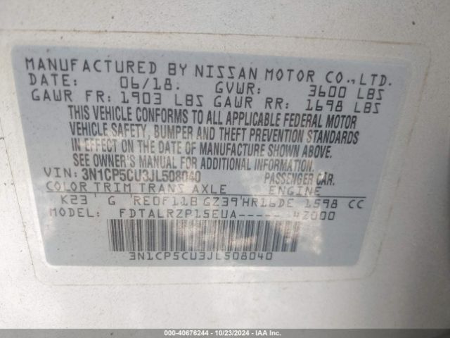 3N1CP5CU3JL508040 Nissan KICKS S