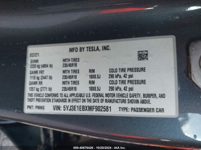 5YJ3E1EBXMF902581 Tesla Model 3 Long Range Dual Motor All-wheel Drive
