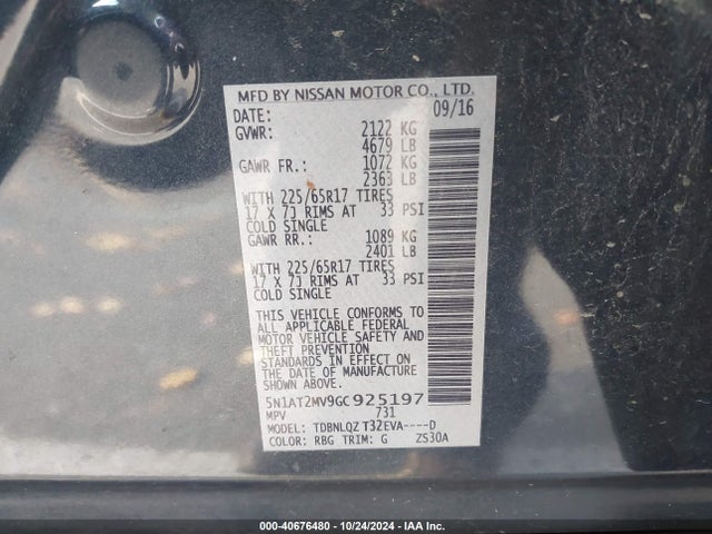 Nissan ROGUE SV 2016 5N1AT2MV9GC925197 Image 9