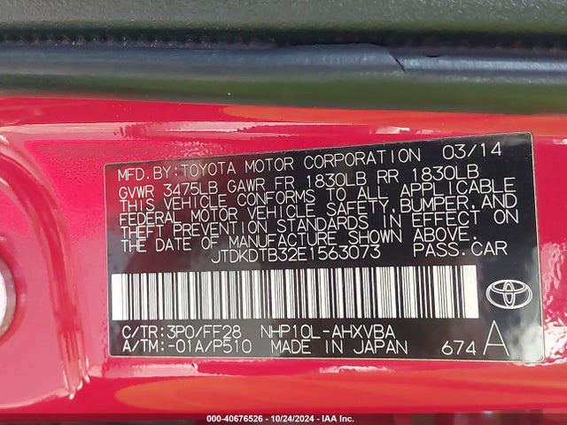 JTDKDTB32E1563073 Toyota Prius C Two