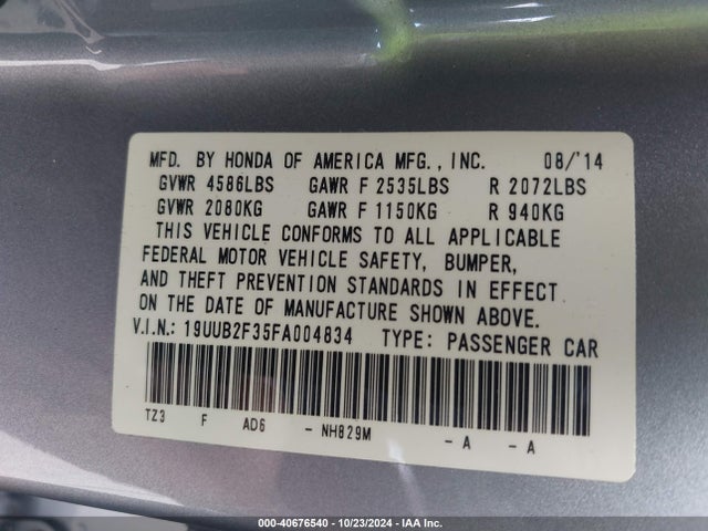 2015 Acura Tlx V6 მანქანა იყიდება აუქციონზე, vin: 19UUB2F35FA004834, აუქციონის ნომერი: 40676540