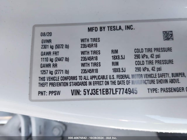 2020 TESLA MODEL 3 5YJ3E1EB7LF774945 Photo 8