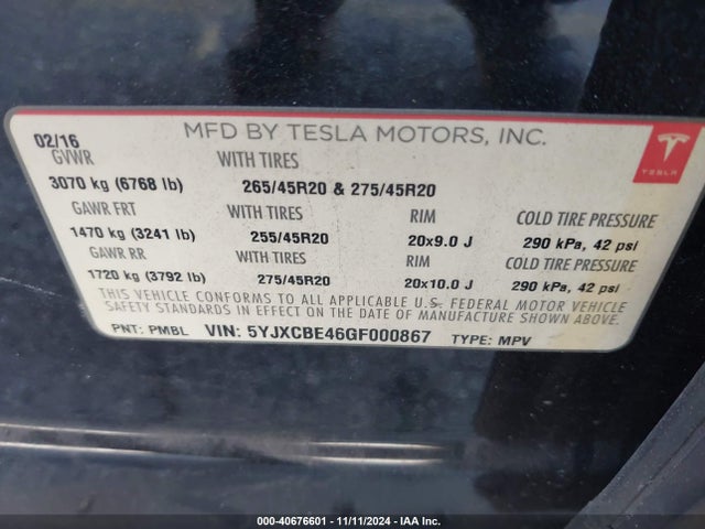 2016 TESLA MODEL X 5YJXCBE46GF000867 Photo 8