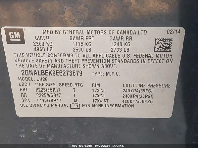 2GNALBEK9E6273879 Chevrolet EQUINOX 1LT