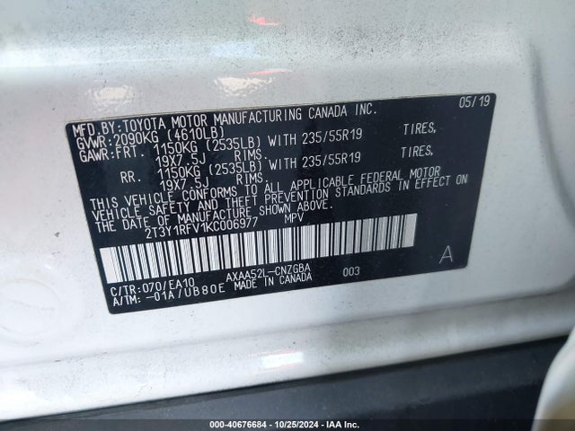 Toyota Rav4 Limited 2019 2T3Y1RFV1KC006977 Image 9
