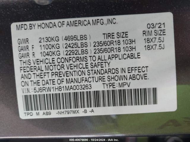 5J6RW1H81MA003263 Honda Cr-v 2wd Ex-l