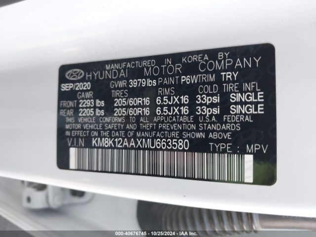 KM8K12AAXMU663580 Hyundai Kona Se