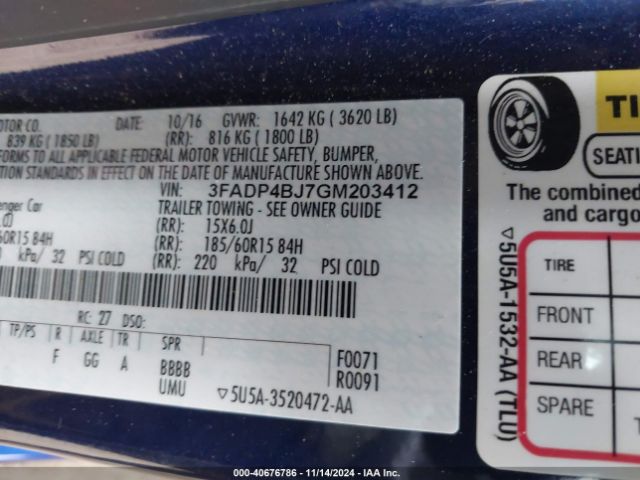 3FADP4BJ7GM203412 Ford FIESTA SE