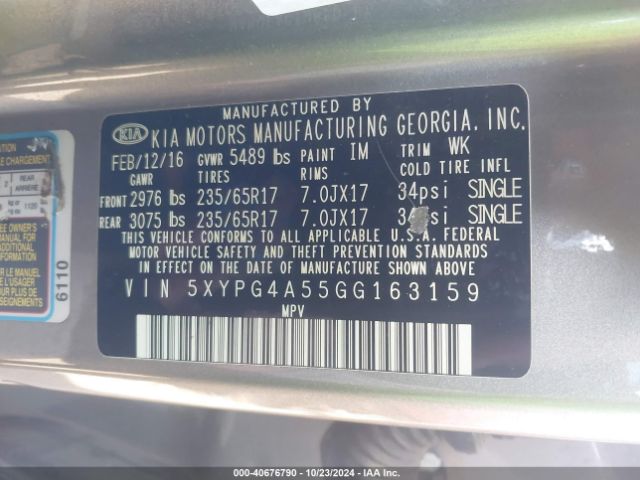 5XYPG4A55GG163159 KIA Sorento 3.3l Lx
