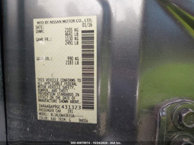 1N4AA6AP9GC431323 Nissan Maxima 3.5 Platinum/3.5 S/3.5 Sl/3.5 Sr/3.5 Sv