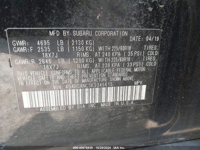 Subaru Outback 2.5i Limited 2019 4S4BSANC5K3345615 Image 9