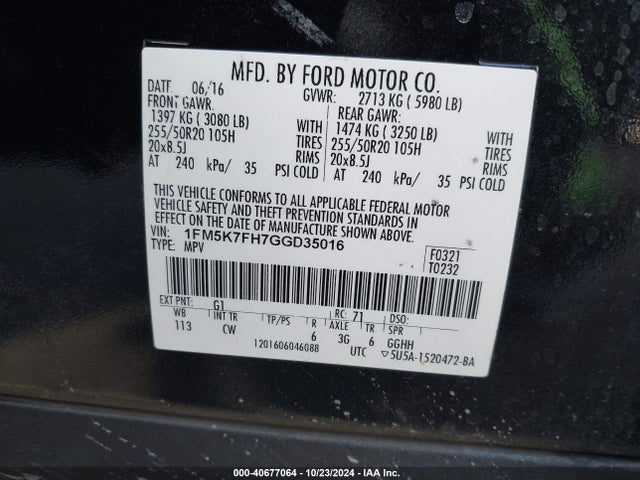 Ford Explorer Limited 2016 1FM5K7FH7GGD35016 Image 9