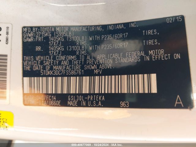 5TDKK3DC7FS586761 Toyota Sienna Le 8 Passenger