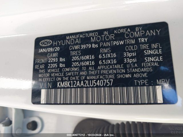 KM8K12AA2LU540757 Hyundai Kona Se