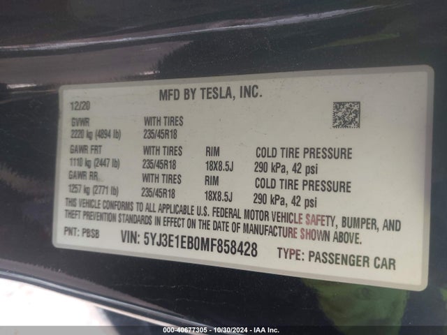 2021 TESLA MODEL 3 5YJ3E1EB0MF858428 Photo 8