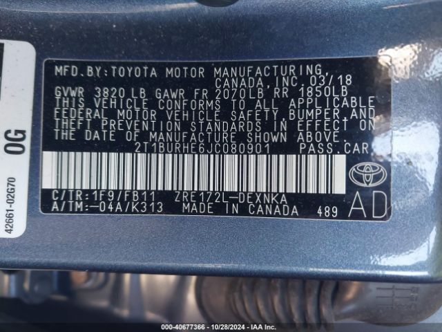 2T1BURHE6JC080901 Toyota COROLLA LE