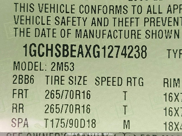 1GCHSBEAXG1274238 Chevrolet Colorado Wt