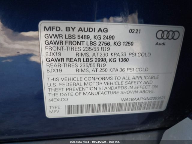 WA1BAAFY4M2063521 Audi Q5 Premium Plus 45 Tfsi Quattro S Tronic