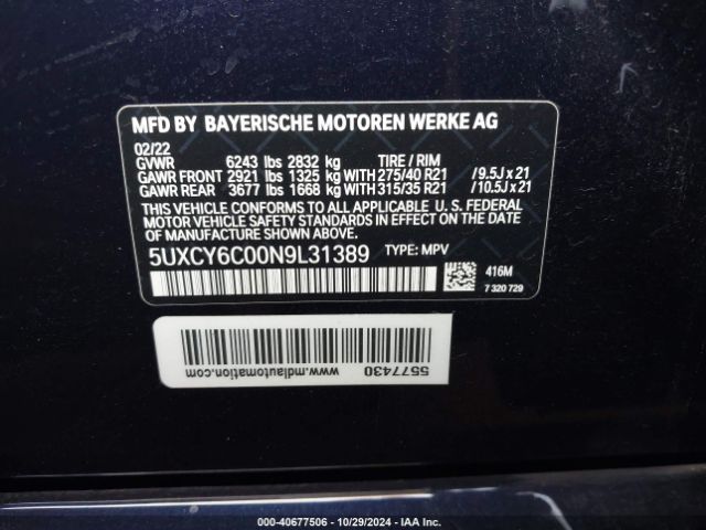 5UXCY6C00N9L31389 BMW X6 Xdrive40i