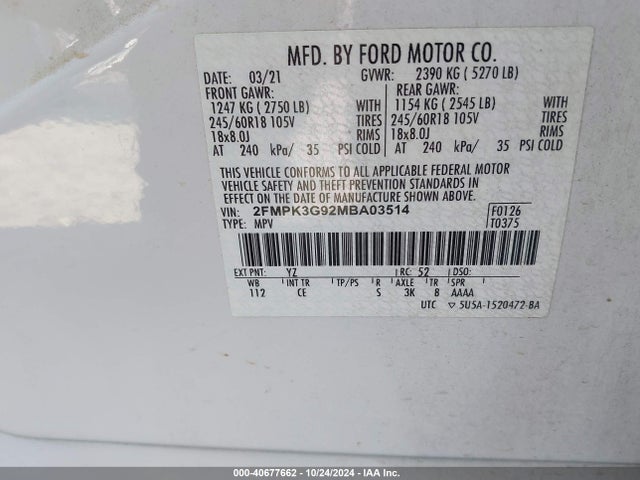 Ford EDGE SE 2021 2FMPK3G92MBA03514 Image 9