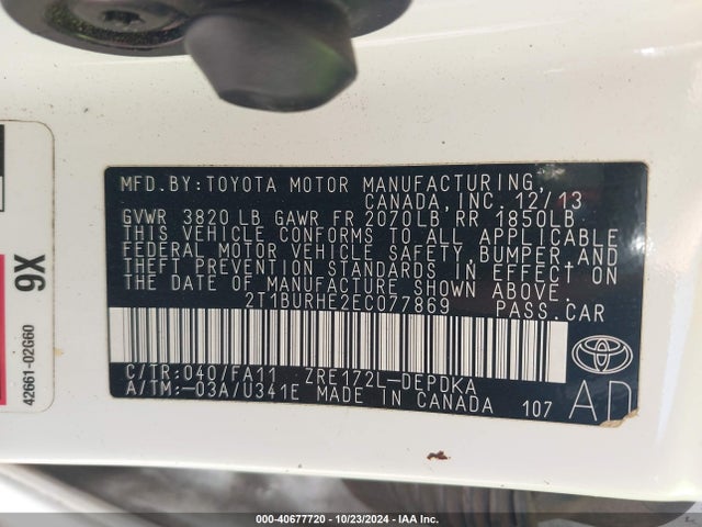 Toyota COROLLA L 2014 2T1BURHE2EC077869 Image 9