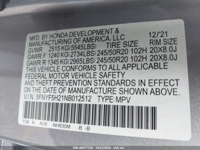 5FNYF5H21NB012512 Honda Pilot 2wd Special Edition