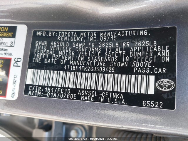 Toyota CAMRY LE 2016 4T1BF1FK2GU509429 Image 9