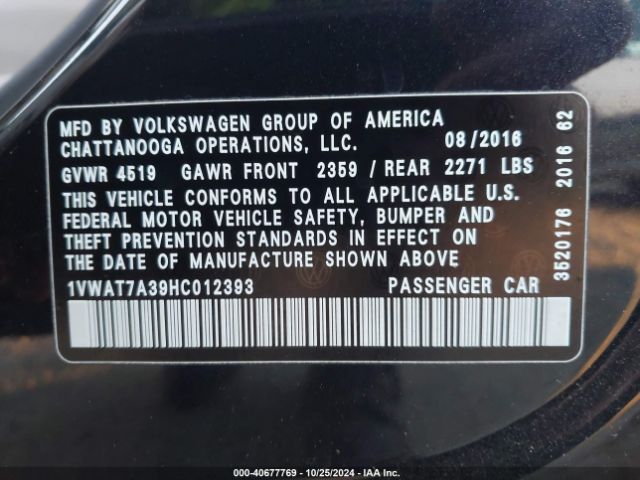 1VWAT7A39HC012393 Volkswagen Passat 1.8t S