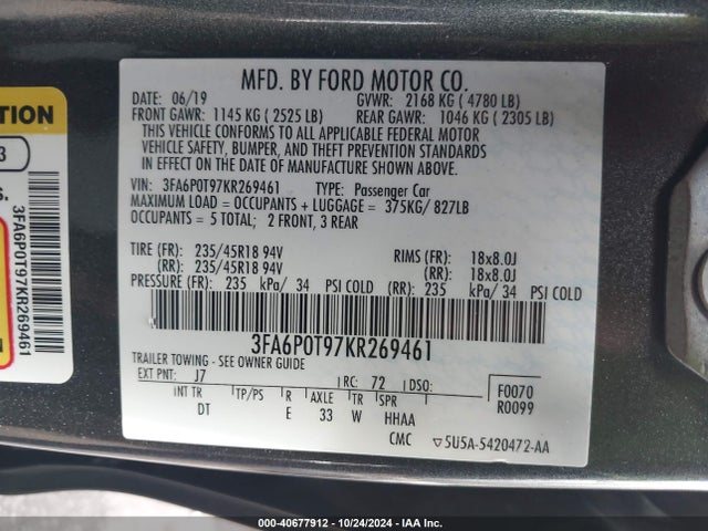Ford FUSION SE 2019 3FA6P0T97KR269461 Image 9