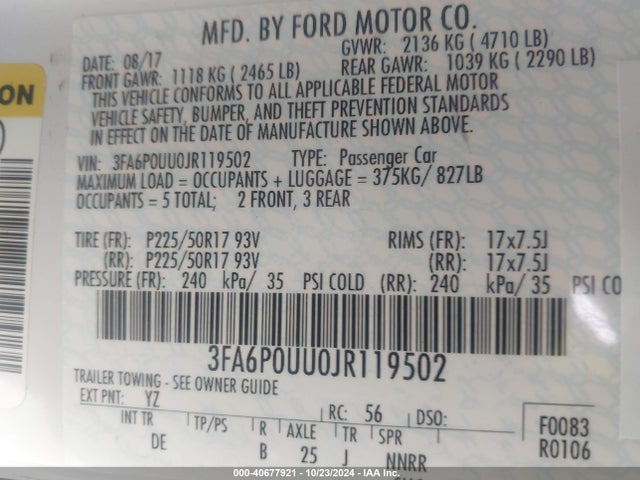 Ford Fusion Hybrid S 2018 3FA6P0UU0JR119502 Image 9