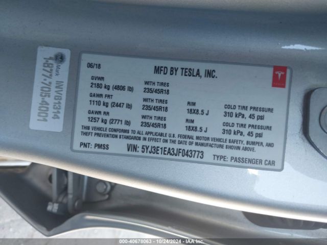5YJ3E1EA3JF043773 Tesla Model 3 Long Range/mid Range