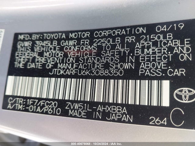 Toyota Prius L Eco 2019 JTDKARFU6K3088350 Image 9