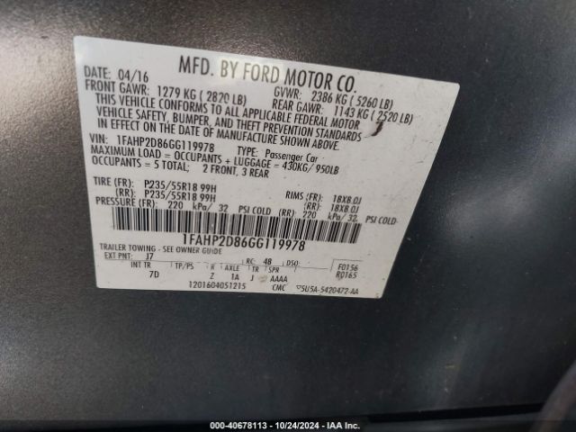 1FAHP2D86GG119978 Ford TAURUS SE
