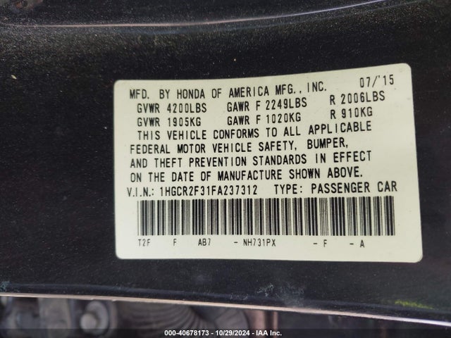Honda ACCORD LX 2015 1HGCR2F31FA237312 Image 9