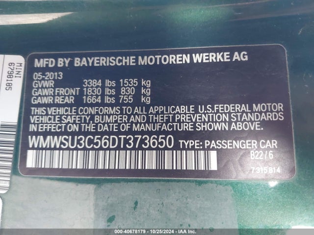 2013 MINI HARDTOP WMWSU3C56DT373650 Photo 8