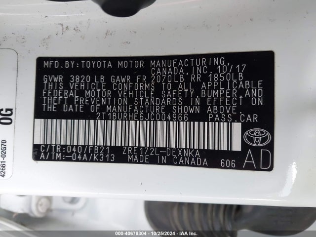 Toyota COROLLA LE 2018 2T1BURHE6JC004966 Image 9