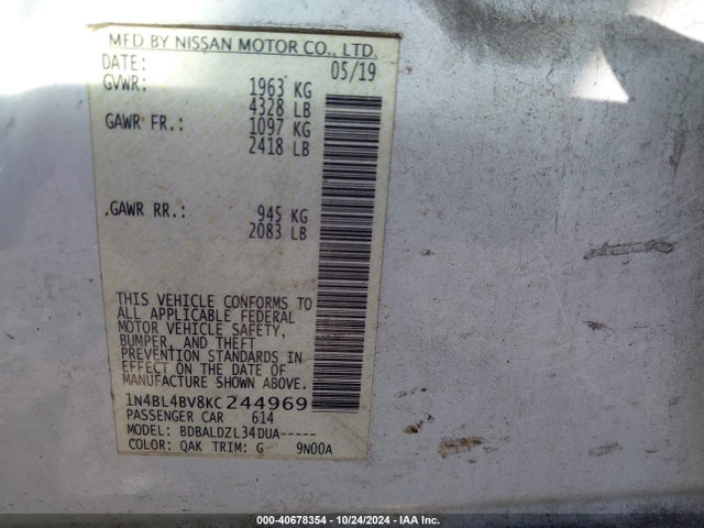 Nissan Altima 2.5 S 2019 1N4BL4BV8KC244969 Image 9