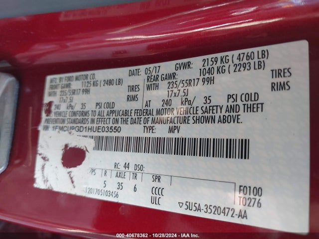 Ford ESCAPE SE 2017 1FMCU9GD1HUE03550 Image 9