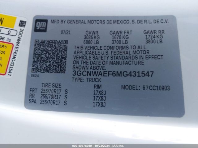 3GCNWAEF6MG431547 Chevrolet Silverado 1500 2wd  Long Bed Wt