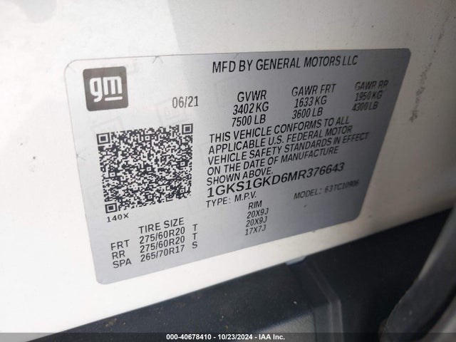 1GKS1GKD6MR376643 GMC Yukon Xl 2wd Slt