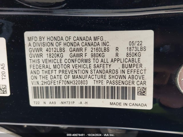 Honda CIVIC EX 2022 2HGFE1F70NH320803 Image 9
